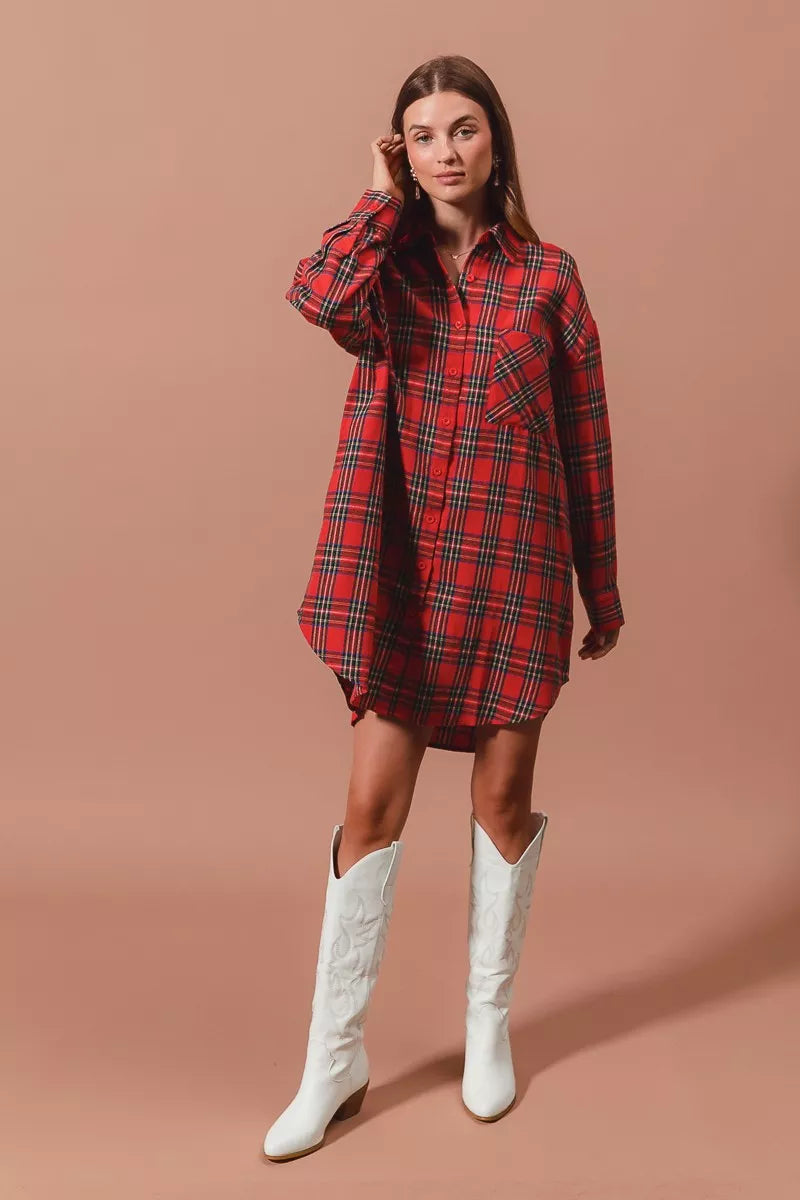 Rode Kerst Jurk Ruitpatroon Oversized Blouse Stijl