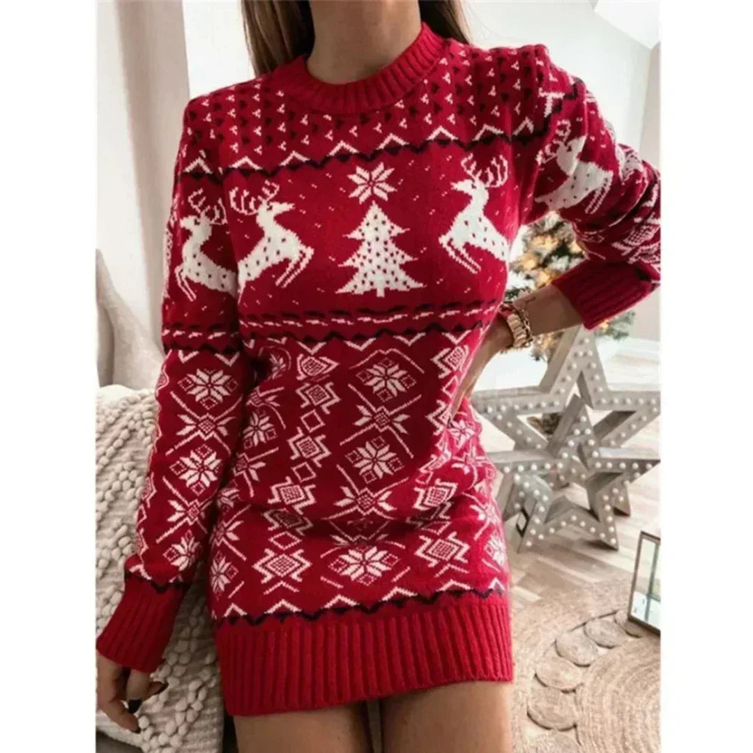 Dames Kerstjurk Warm Gebeitst Feestelijke Winterjurk