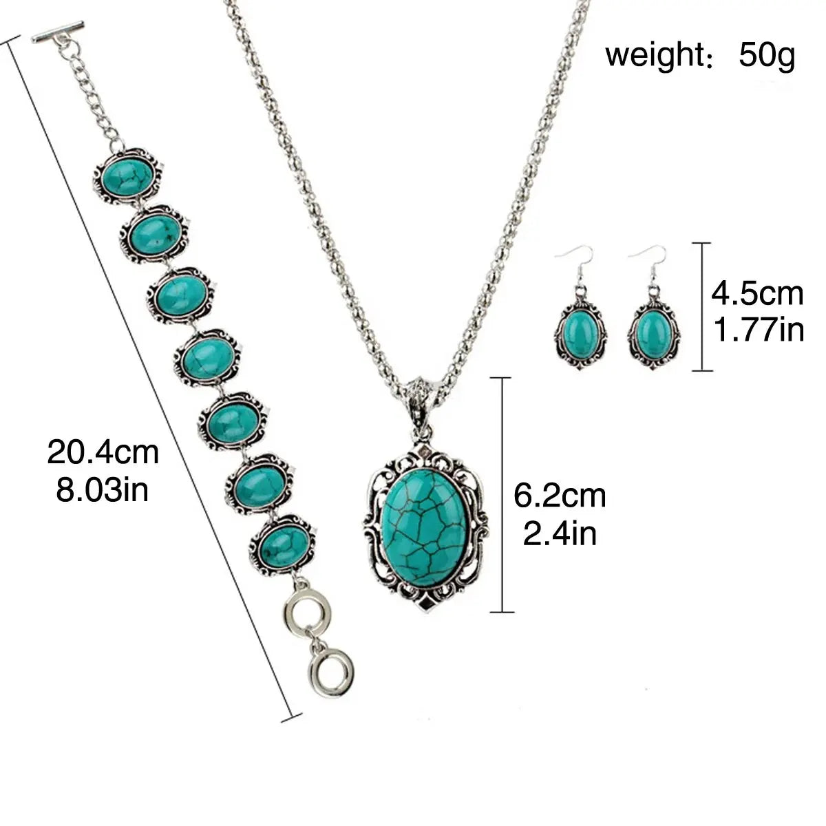 Turquoise Sieradenset Dames met Armband Ketting en Oorbellen Vintage Stijl