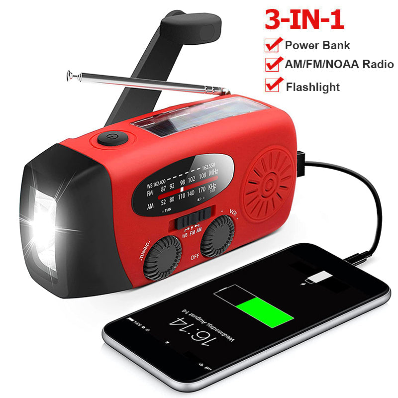 Noodradio met Handopwinder, Zonnestroom en Powerbank - FM/AM Radio voor Noodgevallen