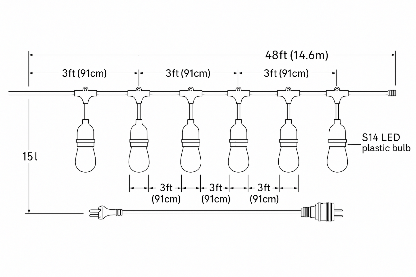 Tuinfeestverlichting 15 LED Lampen IP65 Waterdicht 14,6 Meter