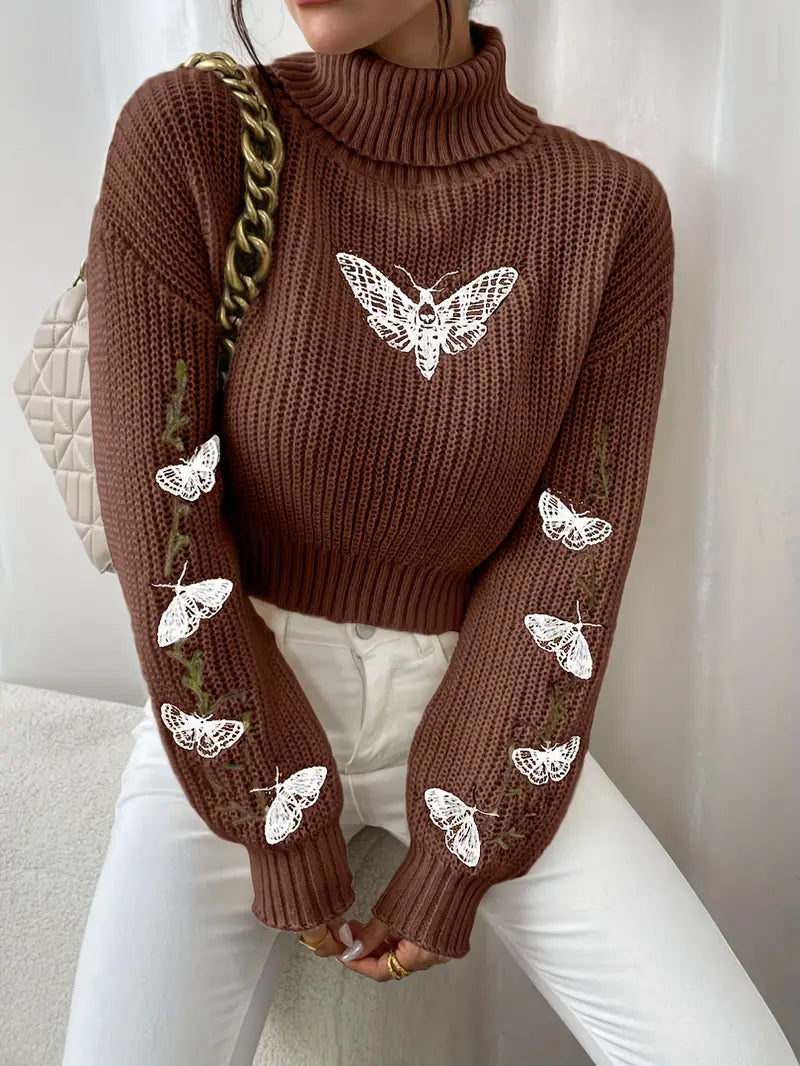 Dames Trui Vlinderpatroon Hoge Hals Elegante Stijl