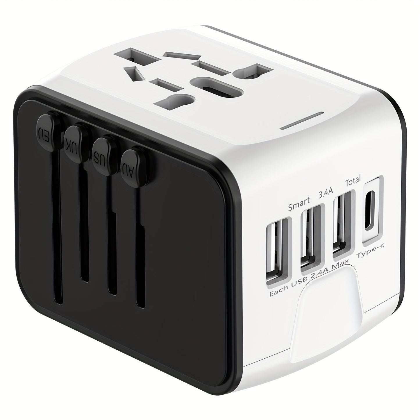 Reisstekker Adapter met 4 USB en Type-C, Wereldwijd en Snelladen