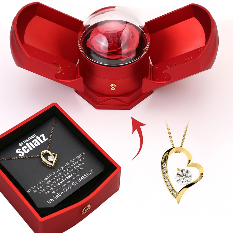 Rozenbox met 14k Witgoud Hartketting en Liefdesbrief