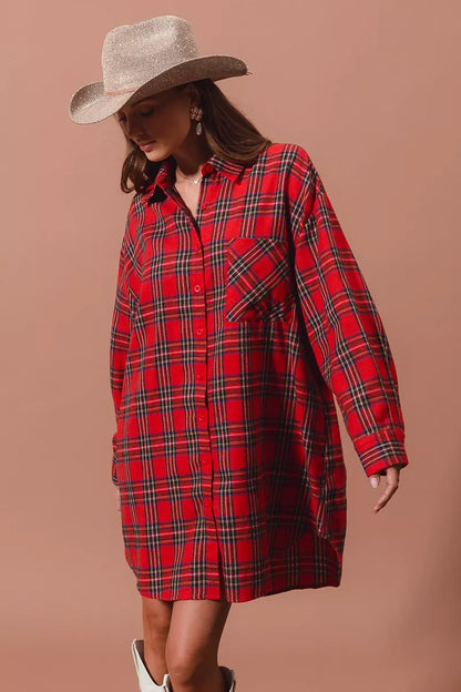 Rode Kerst Jurk Ruitpatroon Oversized Blouse Stijl