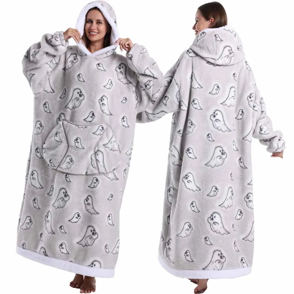Oversized Flanel Deken Hoodie Warm en Zachte Draagdeken