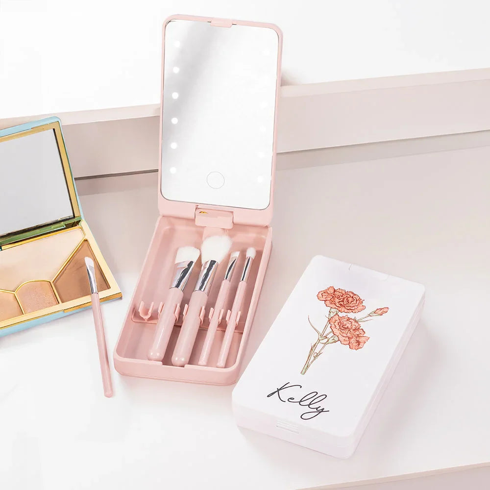 Make-up Set met LED Spiegel en Geboortebloem Kwasten