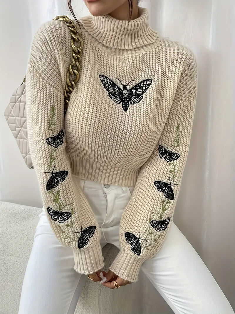 Dames Trui Vlinderpatroon Hoge Hals Elegante Stijl - Velinix