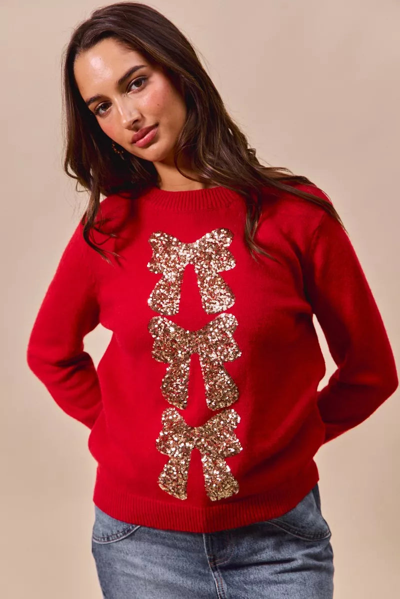 Kersttrui Rood met Pailletten en Strik Design - Velinix