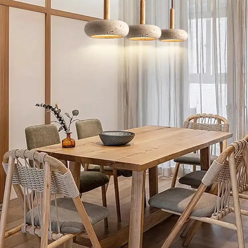Ronde Hanglamp van Travertin met Zonnesteen Look
