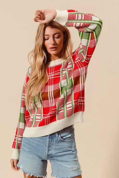 Kersttrui Rood Groen Geruit Ronde Hals Warm