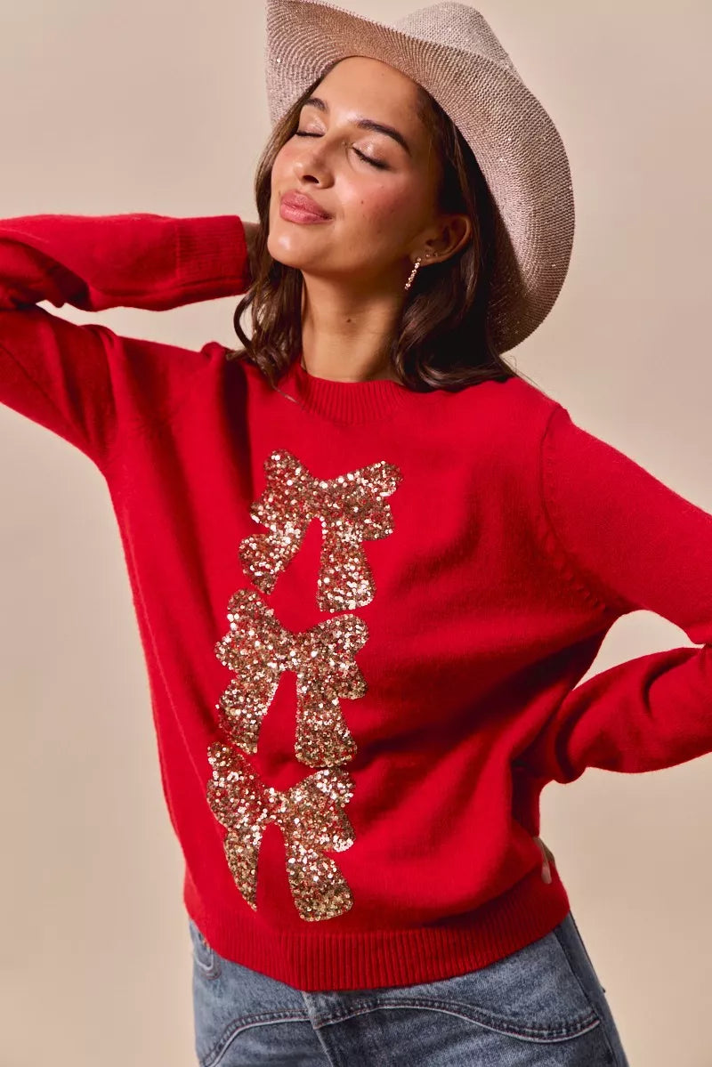 Kersttrui Rood met Pailletten en Strik Design