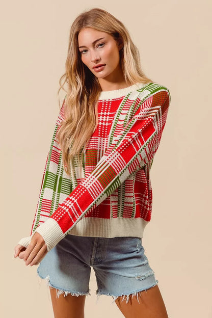 Kersttrui Rood Groen Geruit Ronde Hals Warm