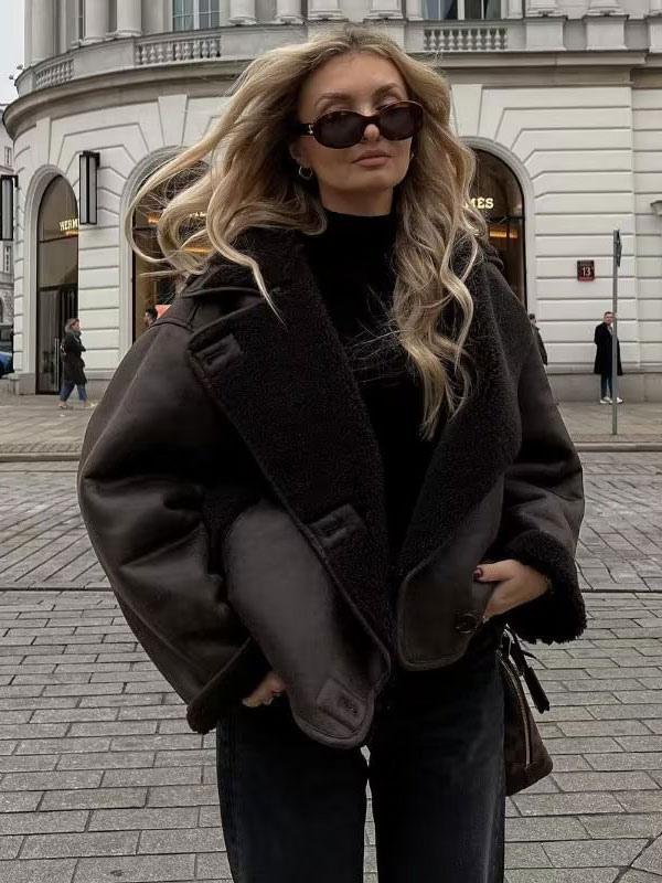 Leren Jas Bruin Fleece Voering Warm Vintage Look