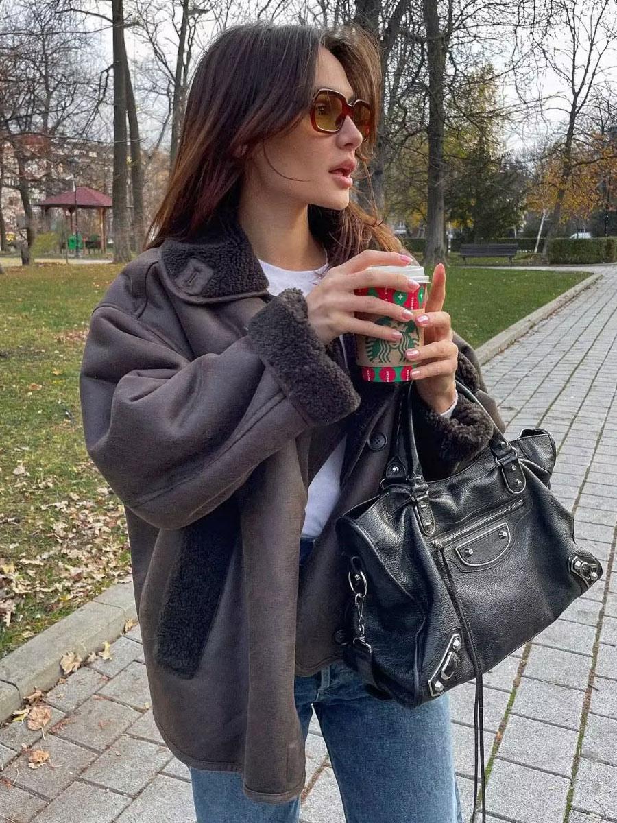 Leren Jas Bruin Fleece Voering Warm Vintage Look