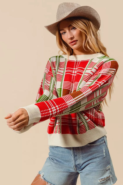 Kersttrui Rood Groen Geruit Ronde Hals Warm