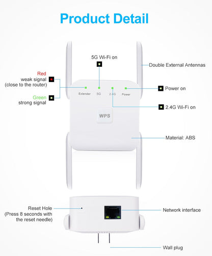 WiFi Versterker 5G WiFi Booster voor Thuis en Kantoor