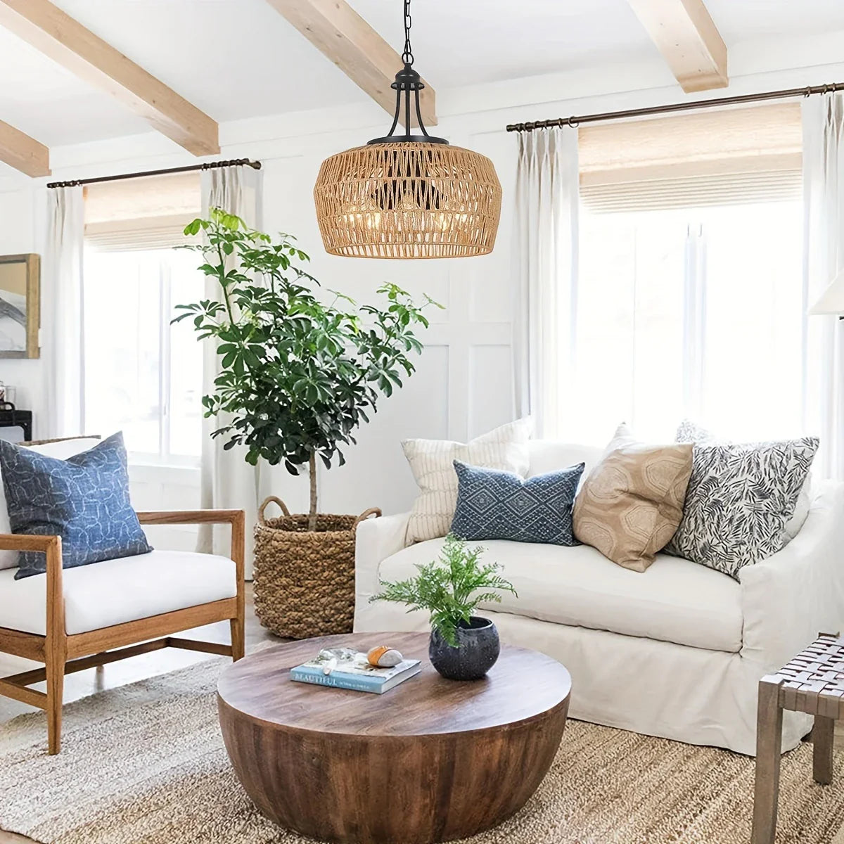 Boho Kroonluchter Hanglamp 3 Lichten Gevlochten Rattan Stijl