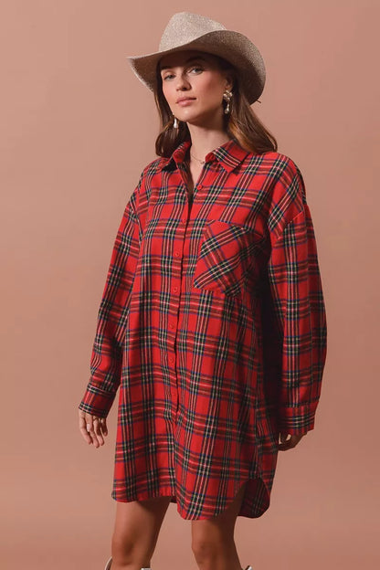 Rode Kerst Jurk Ruitpatroon Oversized Blouse Stijl