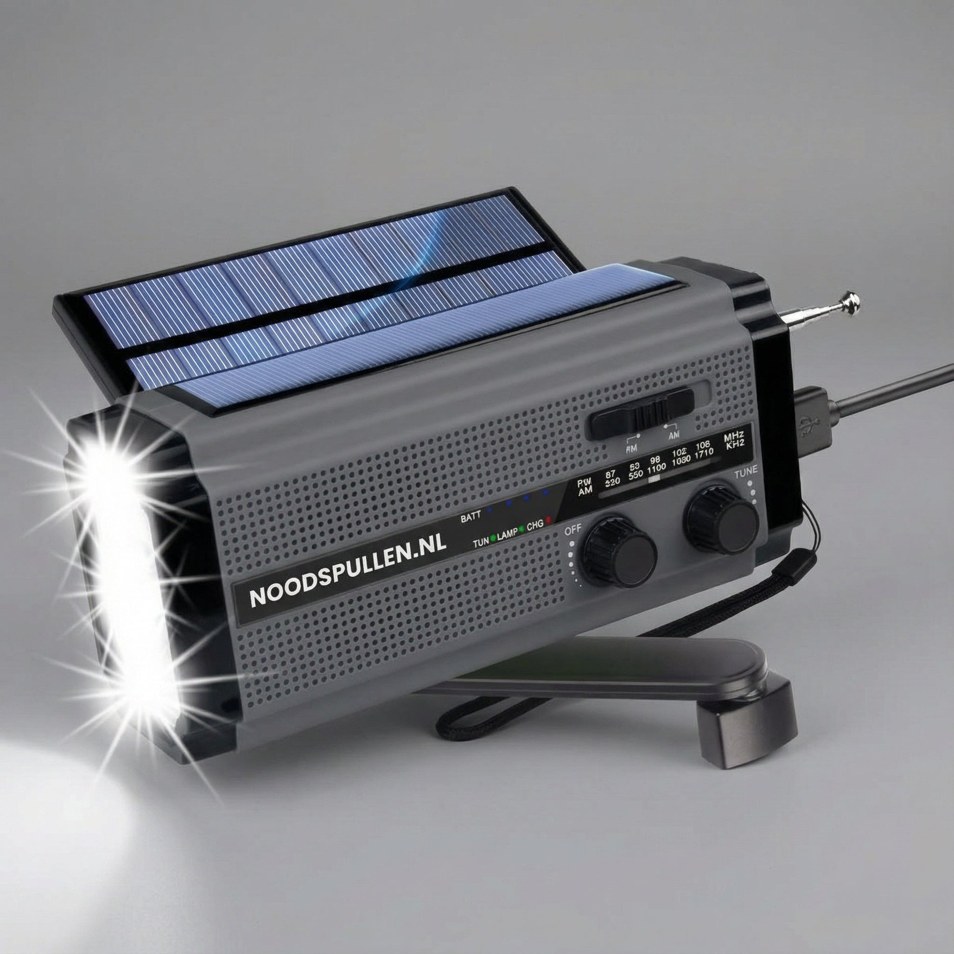 Noodradio met Dynamo, Zonnepanelen en Powerbank Zaklamp - Velinix