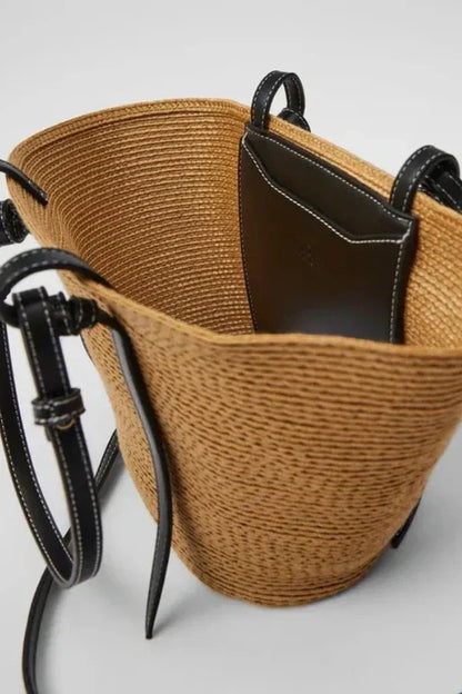 Dames Leren Tote Bag Groot Bruin met Geweven Ontwerp