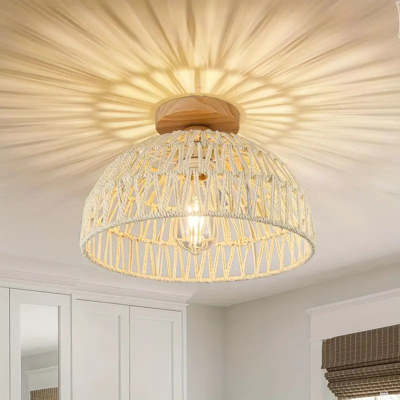 Rotan Plafondlamp Handgeweven Boho Stijl Houten Basis