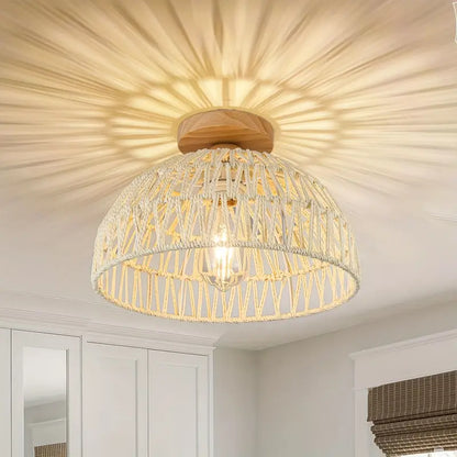 Rotan Plafondlamp Handgeweven Boho Stijl Houten Basis