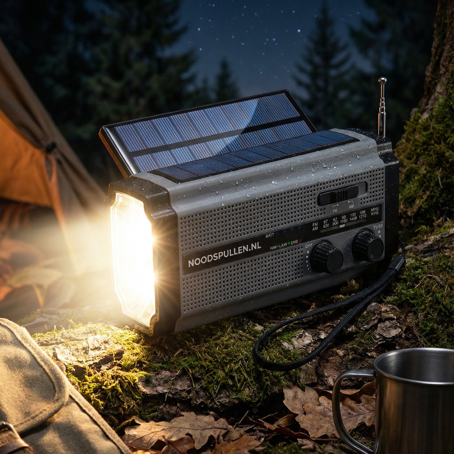 Noodradio met Dynamo, Zonnepanelen en Powerbank Zaklamp