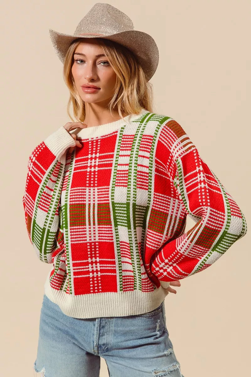 Kersttrui Rood Groen Geruit Ronde Hals Warm - Velinix
