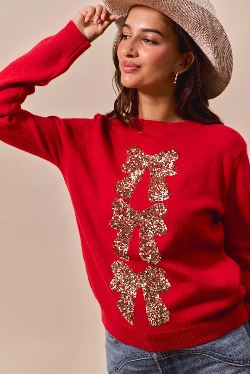 Kersttrui Rood met Pailletten en Strik Design