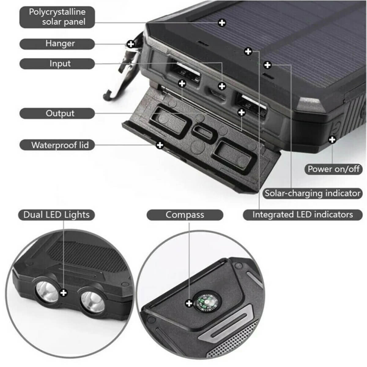 Zonne Power Bank 20000mAh Waterdicht Extern Opladen