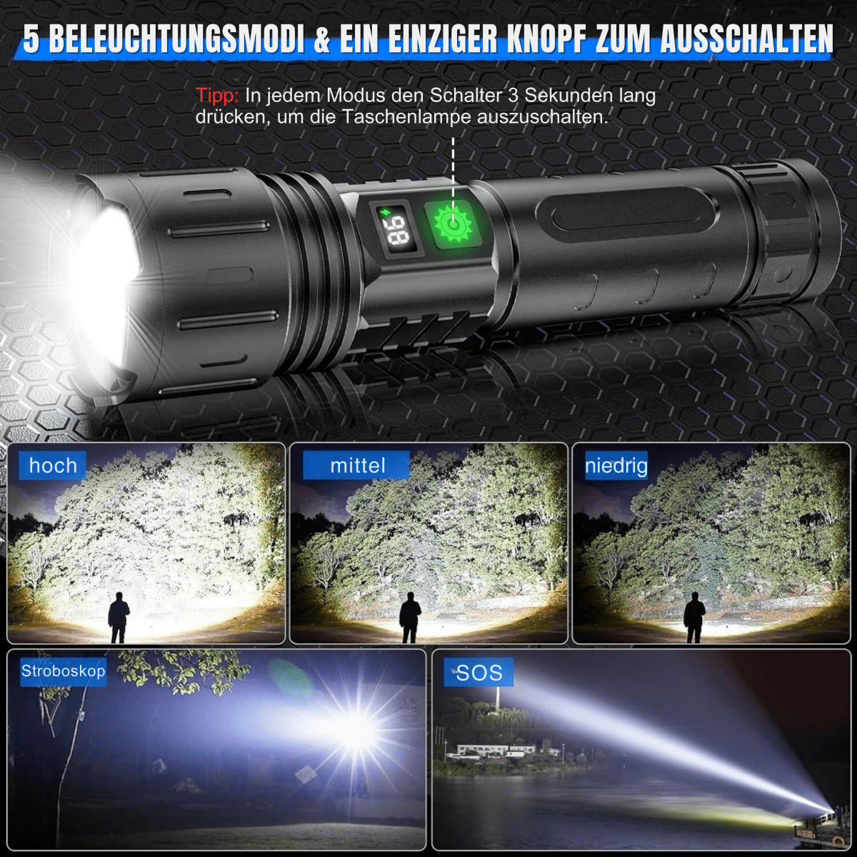 LED Zaklamp Oplaadbaar met USB-C en Zoomfunctie