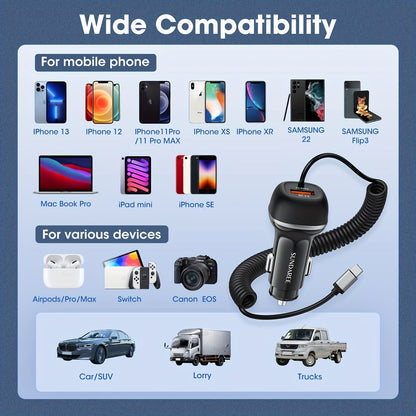 USB-C Autolader 51W Snelladen 3 Poorten QC 3.0