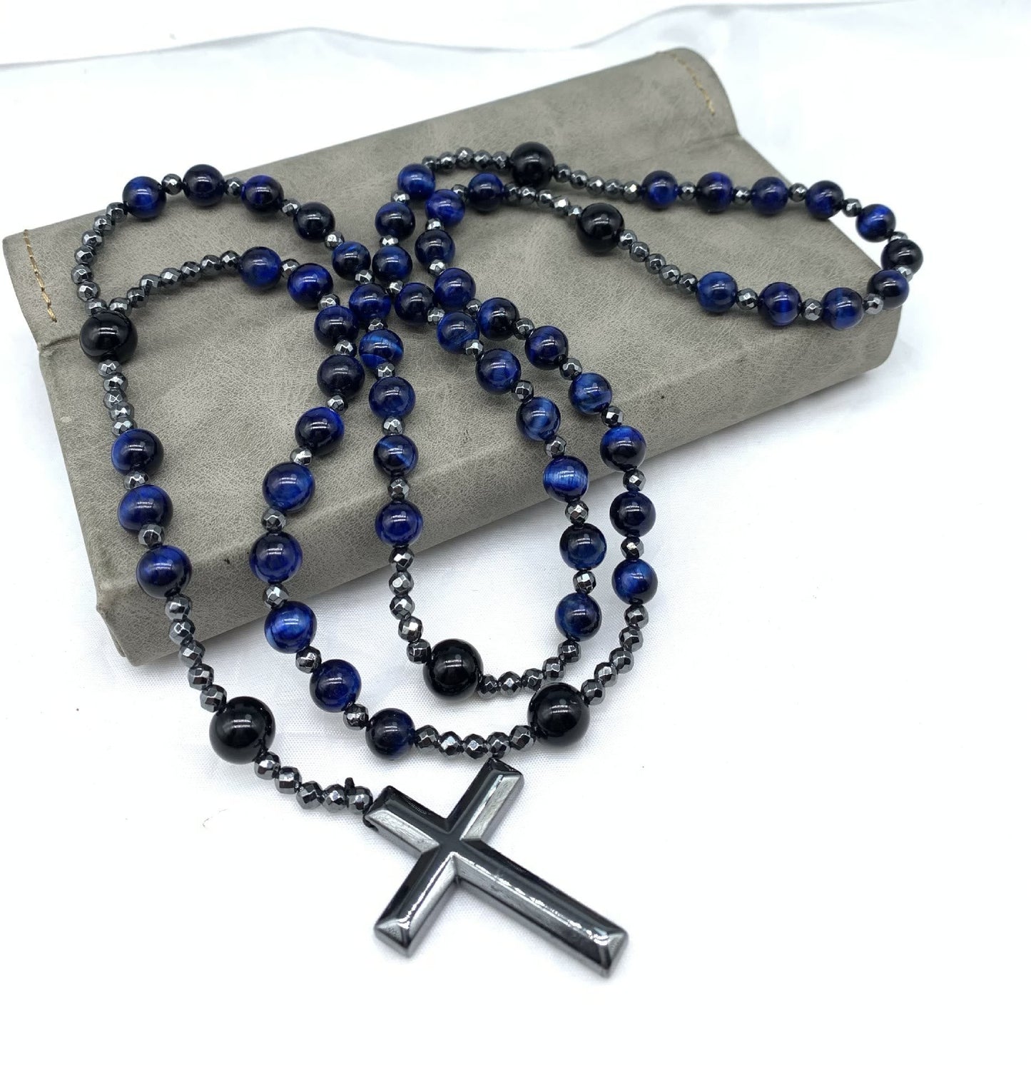 Mannen Rozenkrans Tijgeroog Lapislazuli Edelsteen Hanger