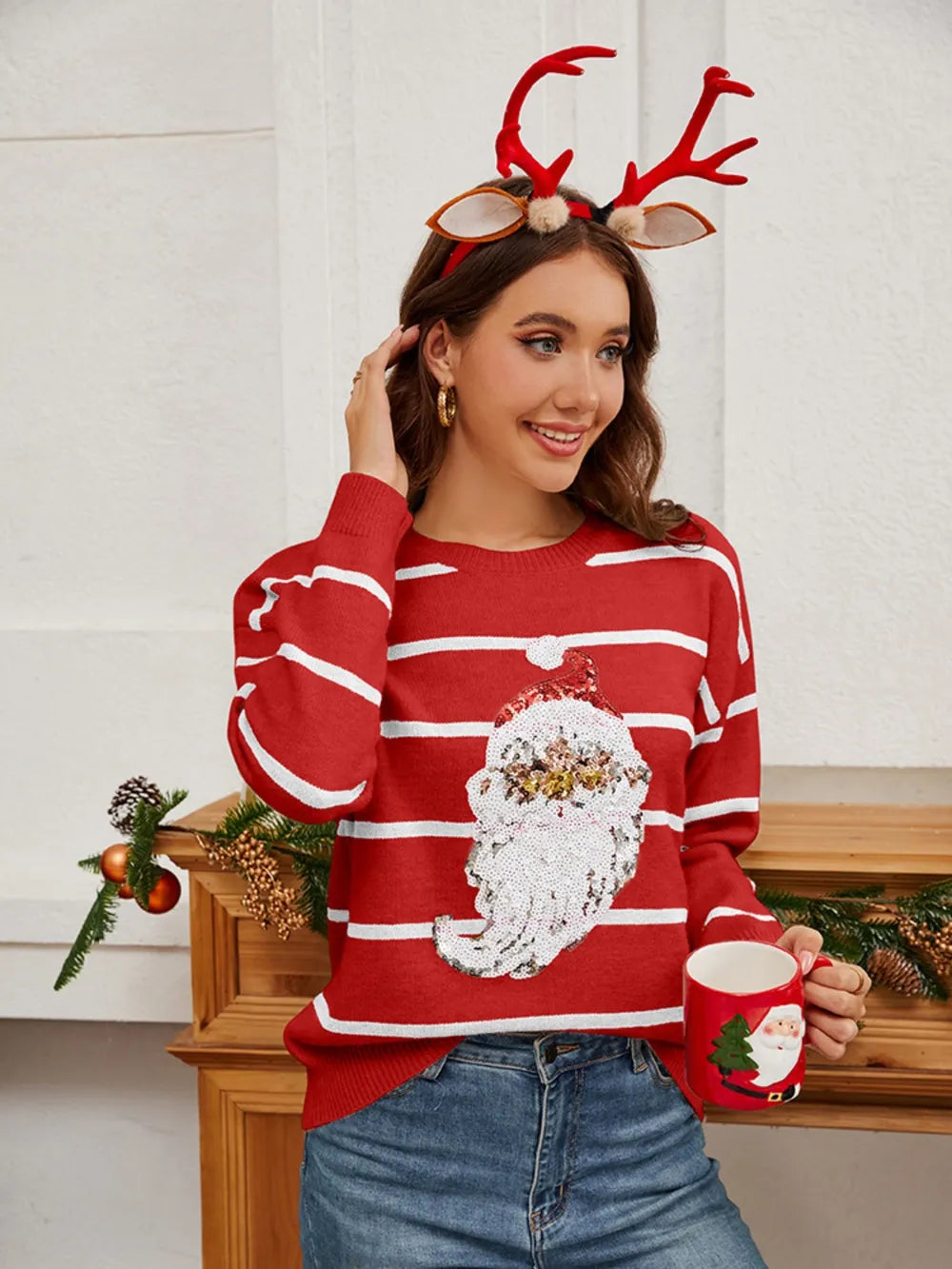 Kersttrui met Pailletten en Santa Print Groen Rood Zwart