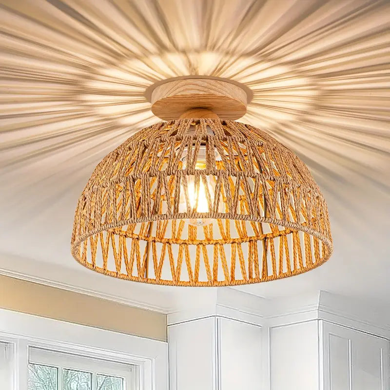 Rotan Plafondlamp Handgeweven Boho Stijl Houten Basis - Velinix