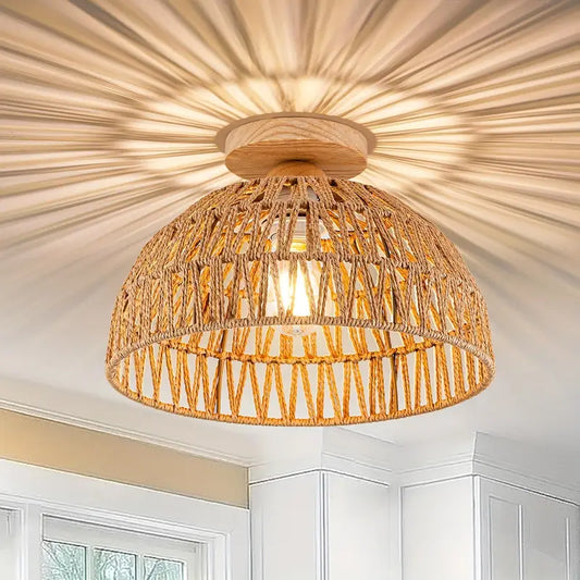 Rotan Plafondlamp Handgeweven Boho Stijl Houten Basis - Velinix