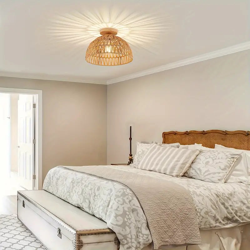 Rotan Plafondlamp Handgeweven Boho Stijl Houten Basis