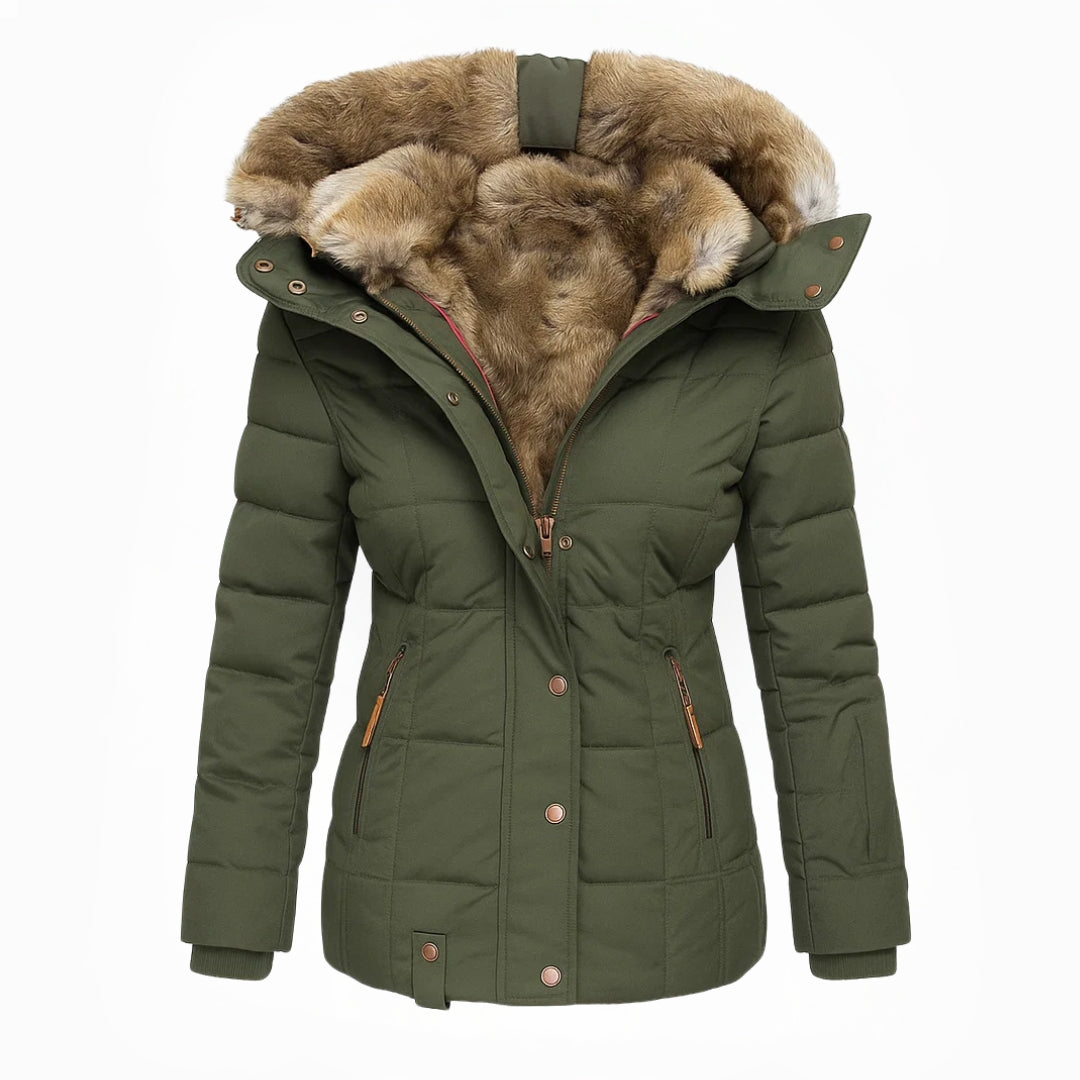 Dames Winterjas Warm Bontvoering Getailleerd Met Capuchon