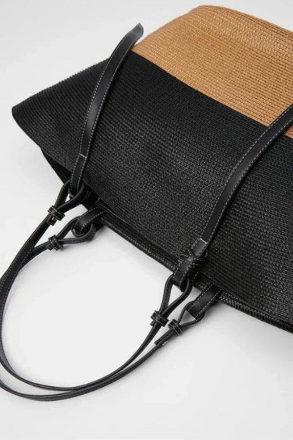 Dames Leren Tote Bag Groot Bruin met Geweven Ontwerp