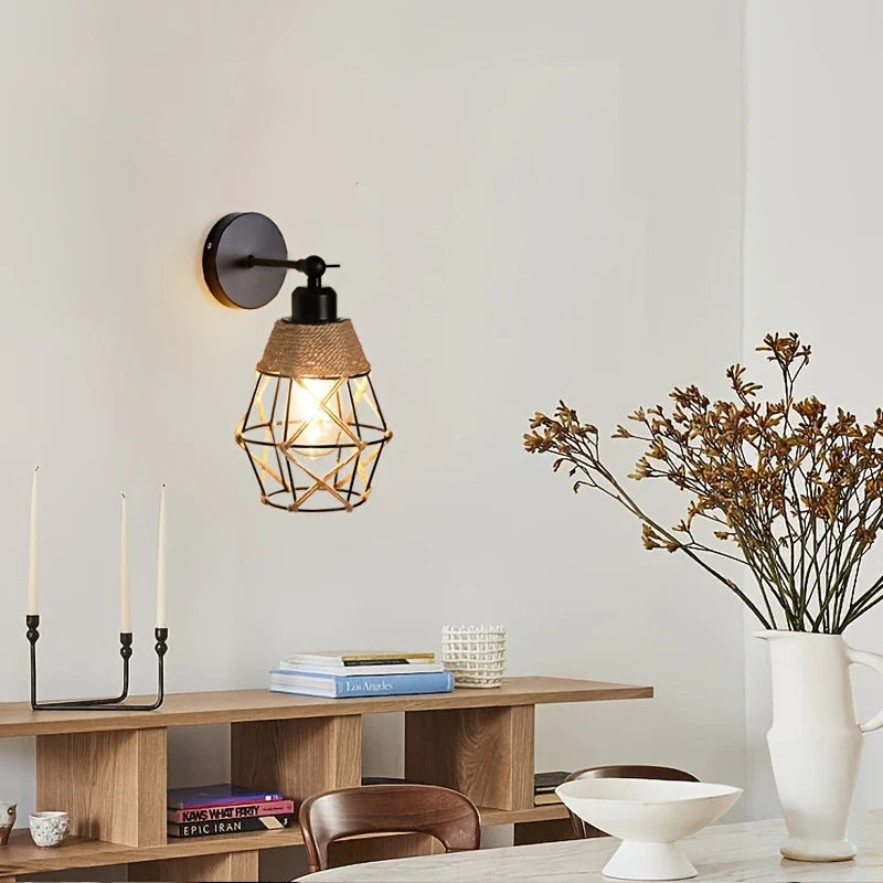 Landelijke Wandlamp van Gietijzer met Jute Snoer