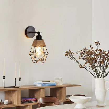 Landelijke Wandlamp van Gietijzer met Jute Snoer
