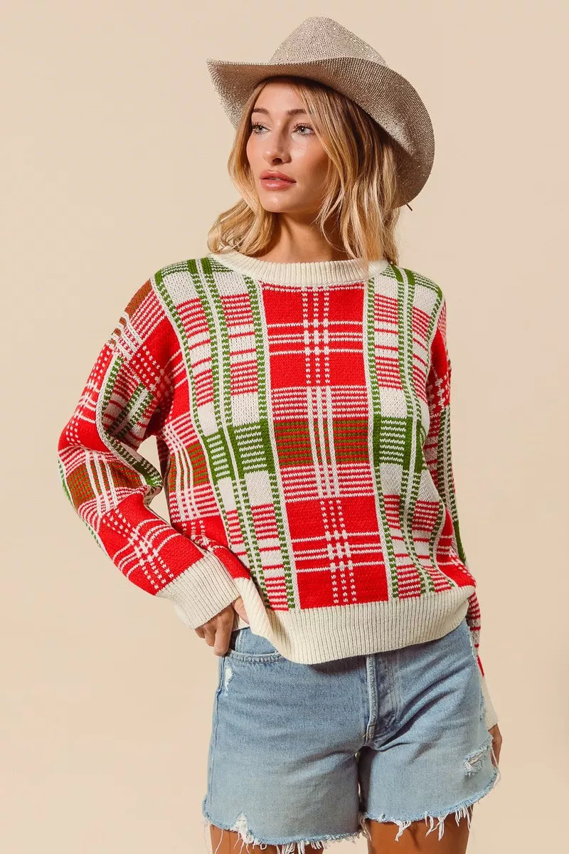 Kersttrui Rood Groen Geruit Ronde Hals Warm
