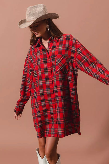 Rode Kerst Jurk Ruitpatroon Oversized Blouse Stijl