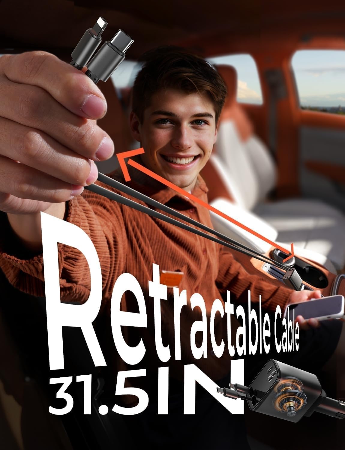 Uittrekbare Auto Lader 69W USB-C Snel Opladen
