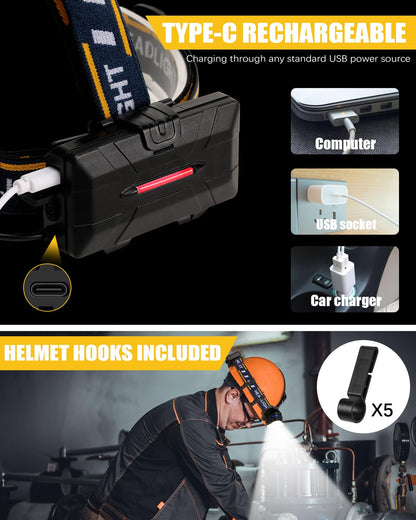 Oplaadbare Hoofdlamp 18000 Lumen met 8 Modussen Waterdicht