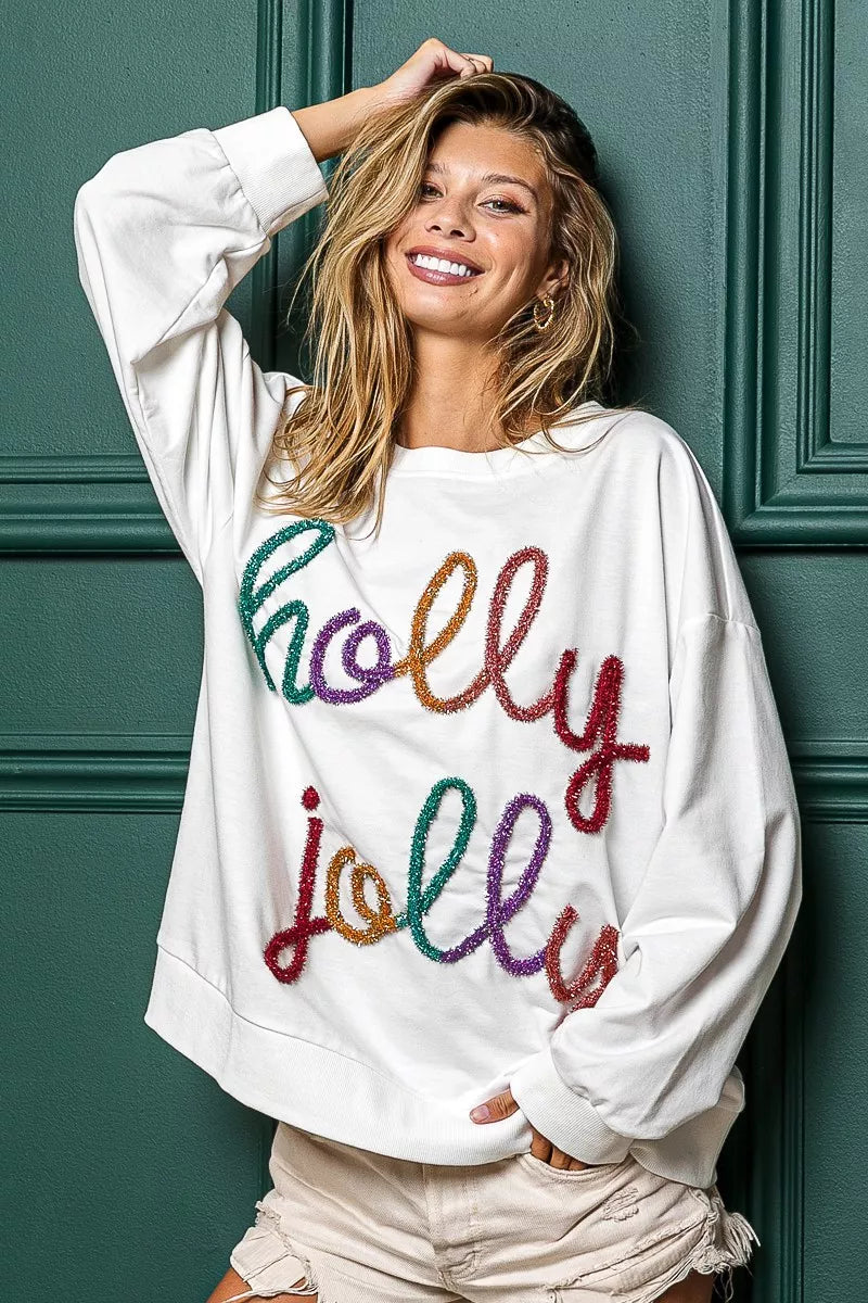 Kerst Sweatshirt Wit met Pailletten Beschrifting