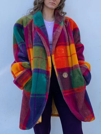 Dames Jas - Oversized Ruitjes Jas met Kleurrijke Print - Velinix