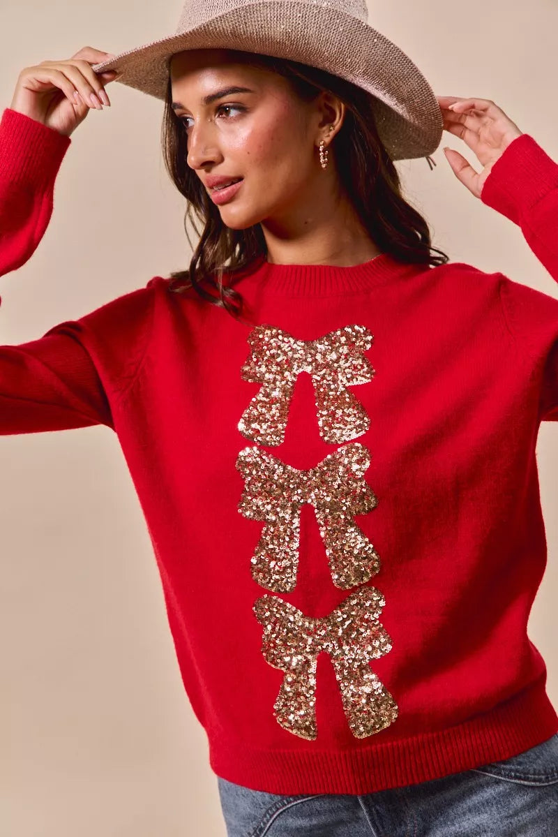 Kersttrui Rood met Pailletten en Strik Design