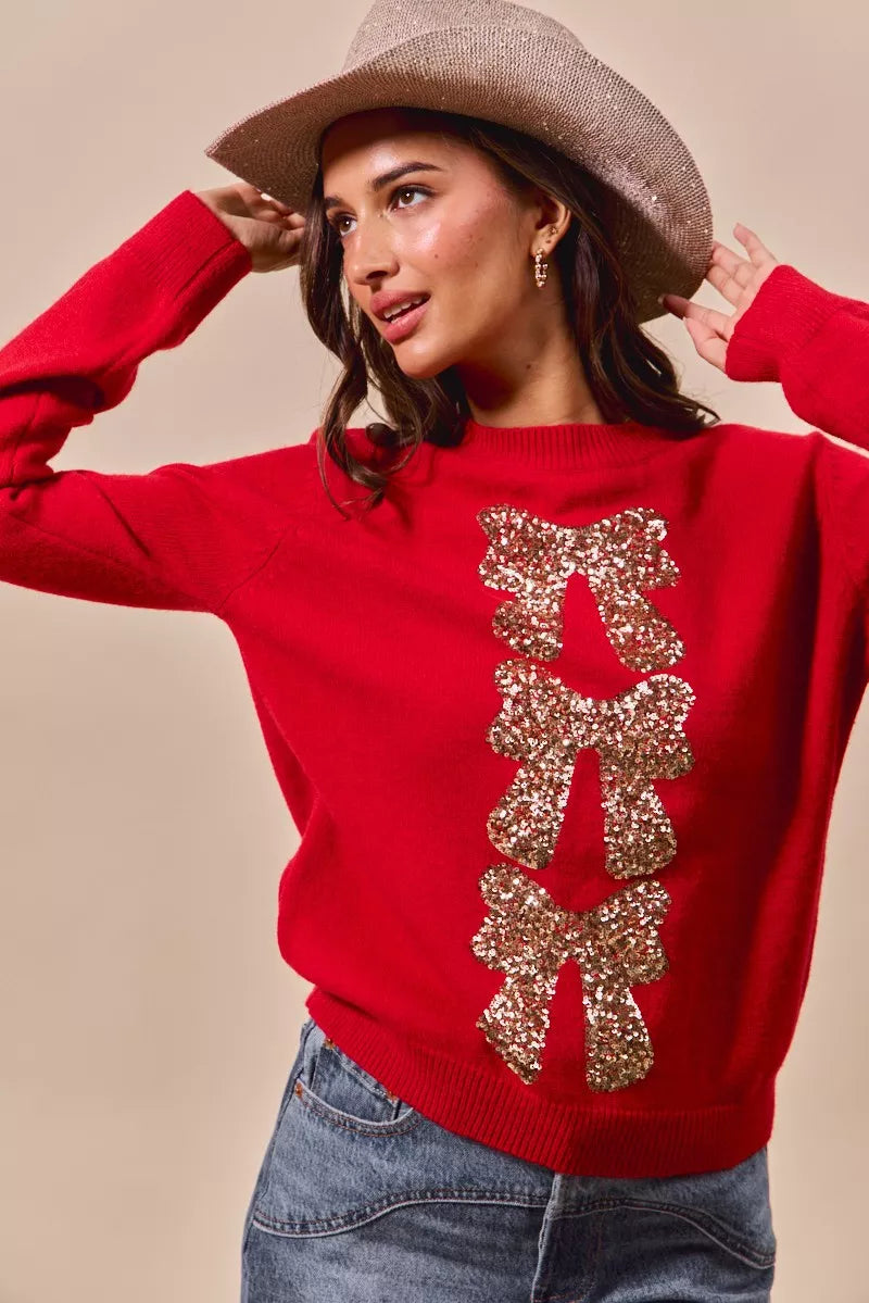 Kersttrui Rood met Pailletten en Strik Design